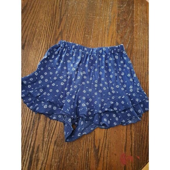 Medium Luxe Blue White Floral Elastic Waist Rayon Short Summer Shorts - Picture 1 of 2